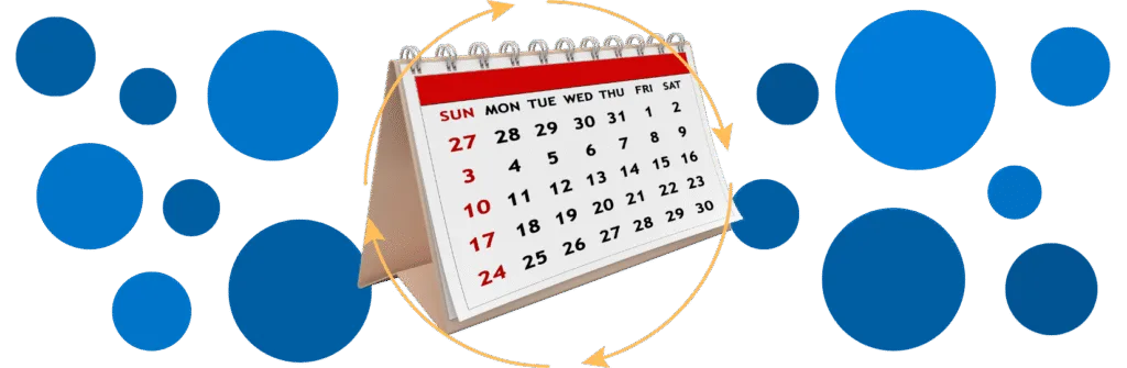 Calendar with circle of arrows around it, blue dots surrounding.
