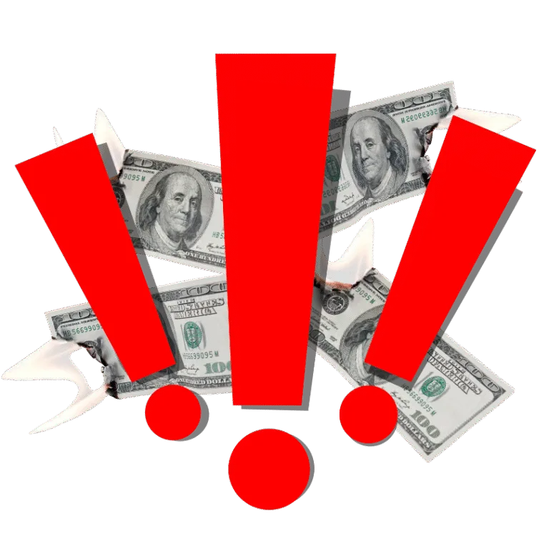 Burning money behind exclamation marks.