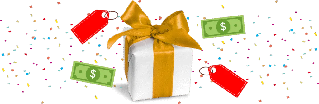 Gift box with money and discount tags surrounding, confetti as backround.