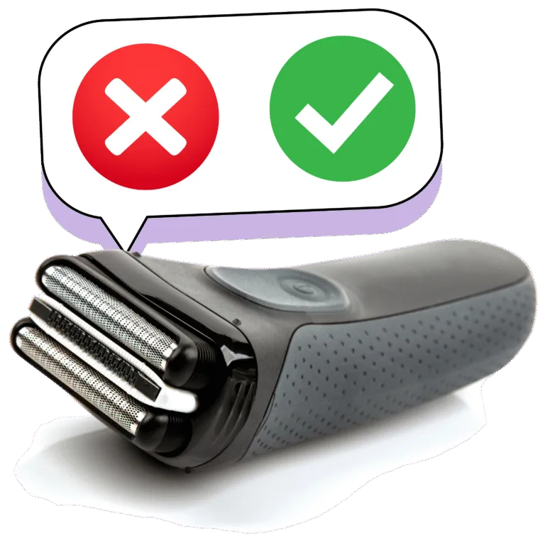 Shaver with bubble above red x and green checkmark inside.