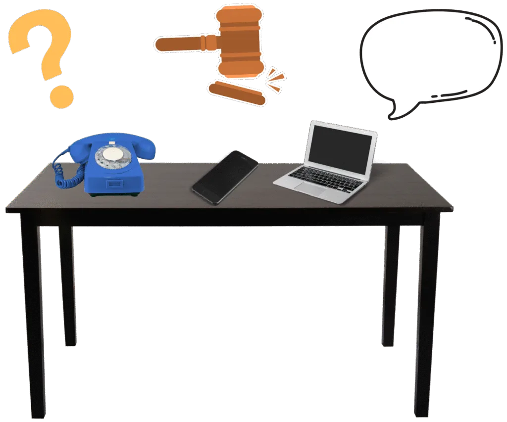 Table with phones and laptop and question related icons above.