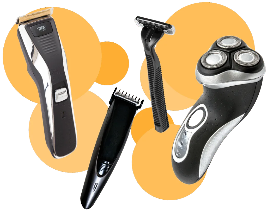 4 shavers of different models with yellow circles in the backround.