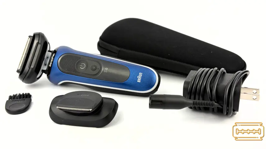 Everything included with the Braun Series 6 including the shaver and excluding the manual. Charger, precision trimmer, shaver, cleaning brush and travel case.